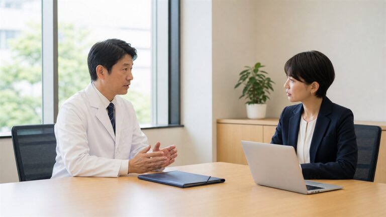 産業医と人事担当者が従業員の健康情報の取扱いを相談する様子