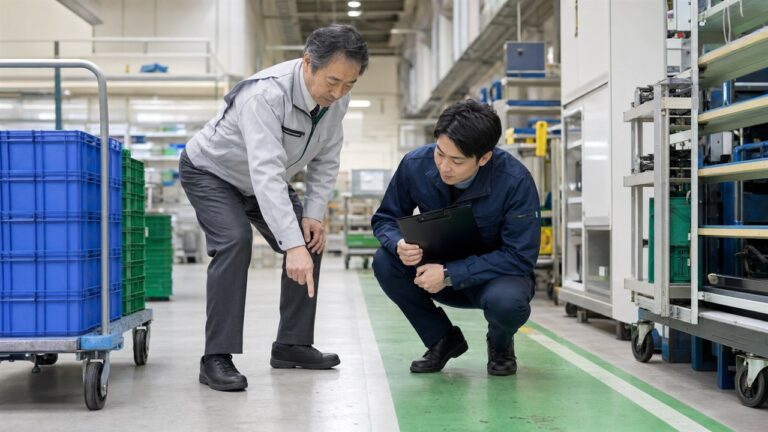 高齢社員と安全担当者が職場の安全と作業姿勢を確認する様子