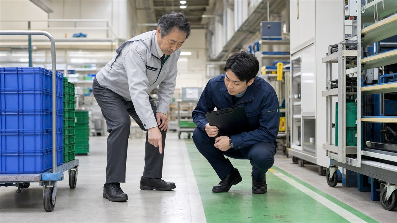 高齢社員と安全担当者が職場の安全と作業姿勢を確認する様子