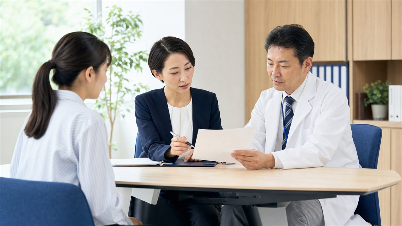 従業員と産業医と人事担当者が復職診断書を確認する様子