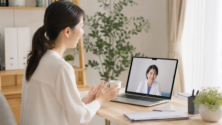 テレワーク中の従業員がオンラインで産業保健相談を受ける様子