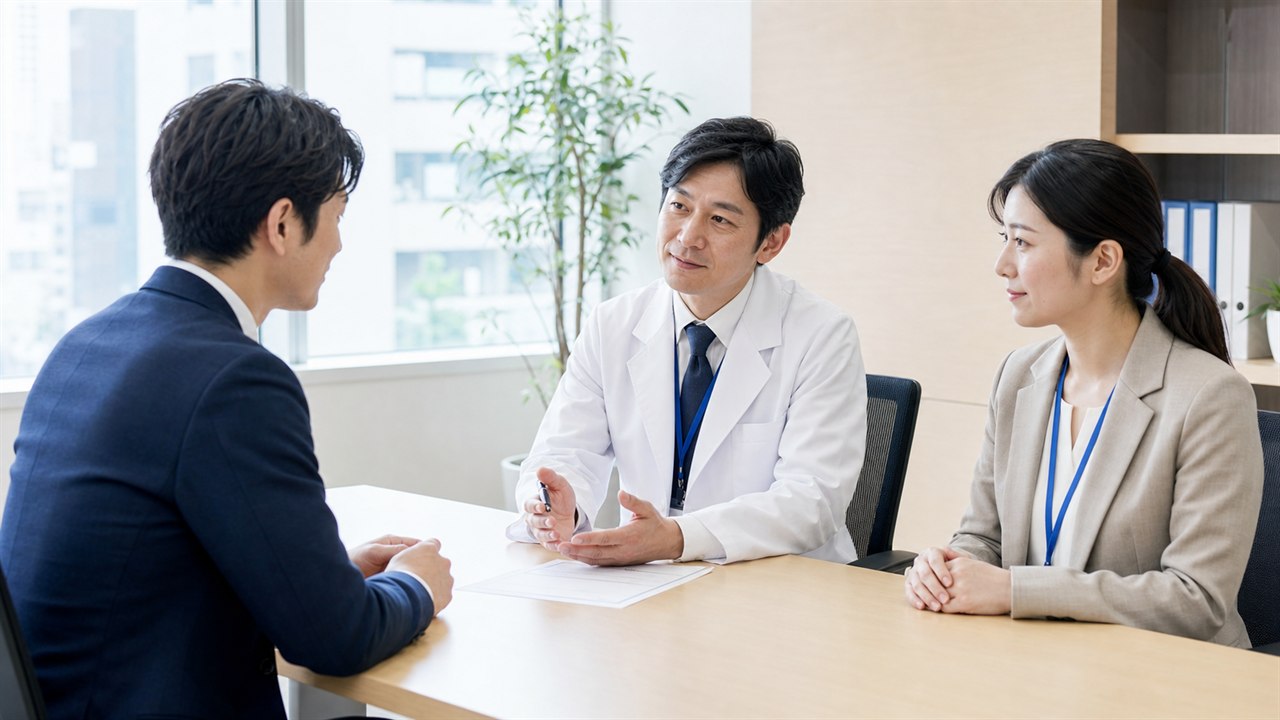 従業員と産業医と人事担当者が治療と仕事の両立支援を相談する様子