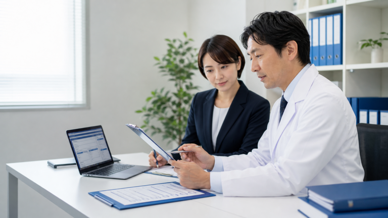 産業医・衛生管理者の選任報告を準備する人事担当者と産業医