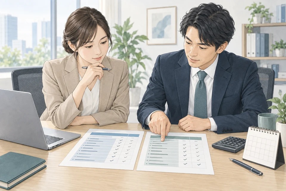 人事担当者が2つの見積書の業務内容と費用を比較するイラスト