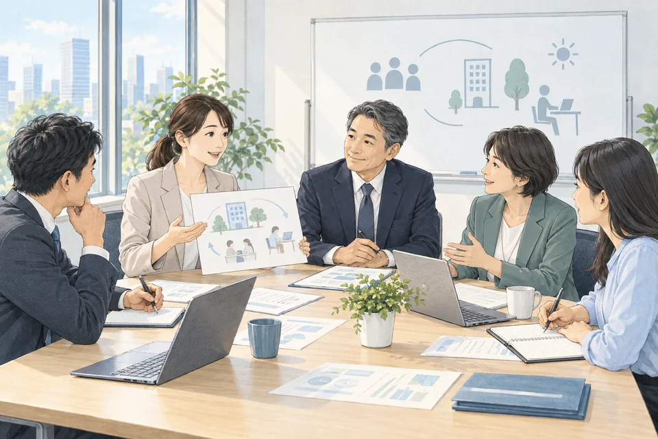 衛生委員会で職場の健康課題と改善策を話し合い、議事を記録するイラスト