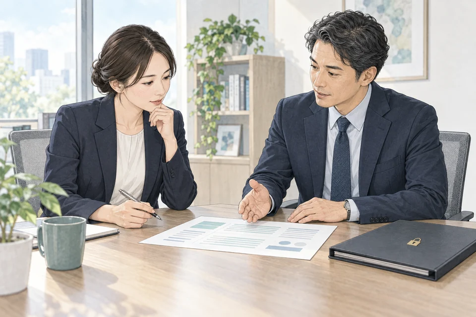 機密の健康情報を保管し、必要な就業上の配慮を相談する人事と産業医のイラスト