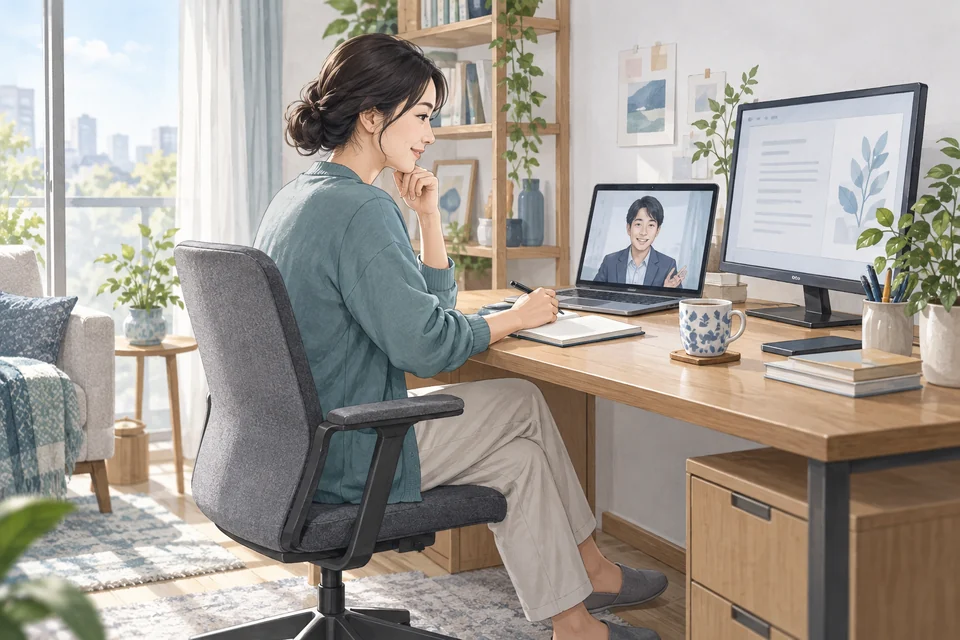自宅の作業環境を整え、オンラインで相談するテレワーク勤務者のイラスト