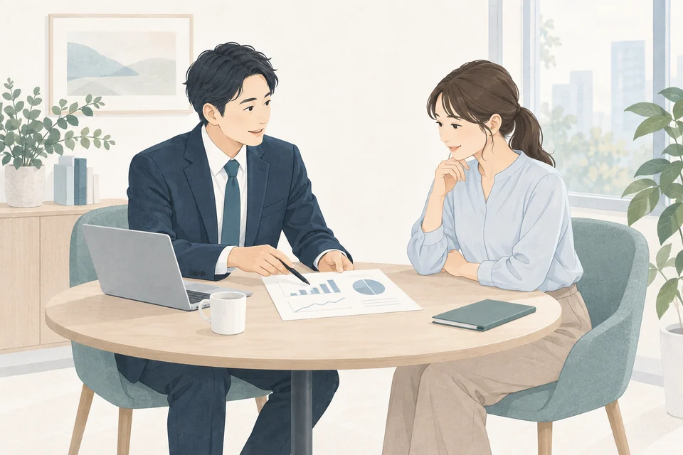 産業医が健診結果を見ながら従業員と面談するイラスト