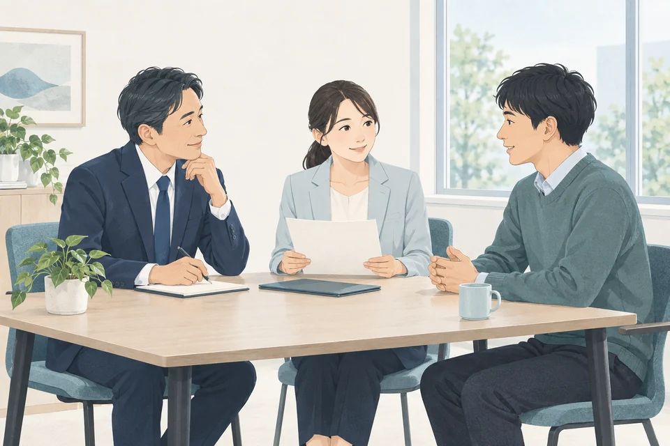 産業医・人事担当者・従業員が復職プランを相談するイラスト