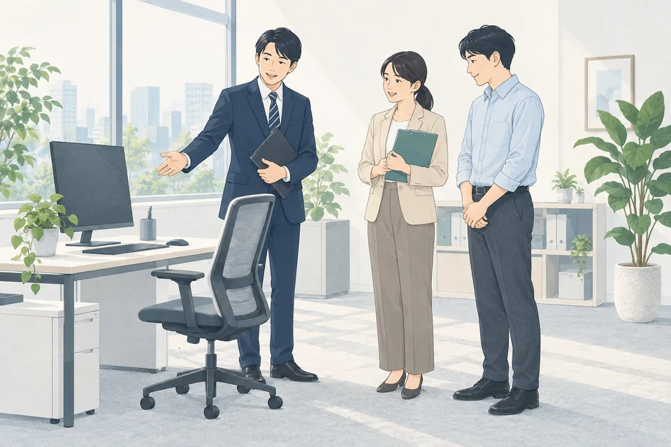 産業医と人事担当者が職場の環境を確認するイラスト