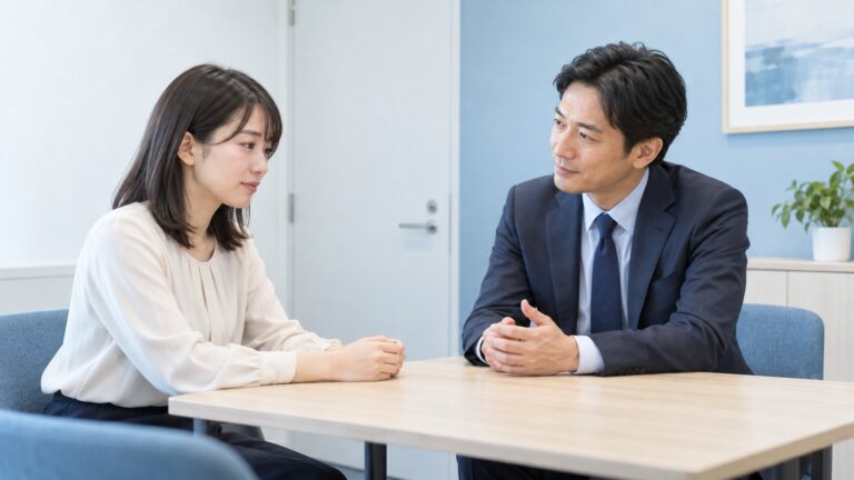 会議室で、上司が部下の話を落ち着いて聴いている様子