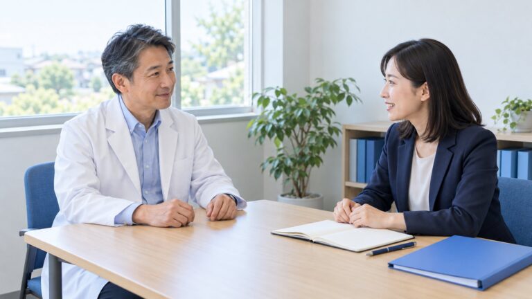 小さな会社の打ち合わせスペースで、人事担当者と産業医が健康管理について相談している様子