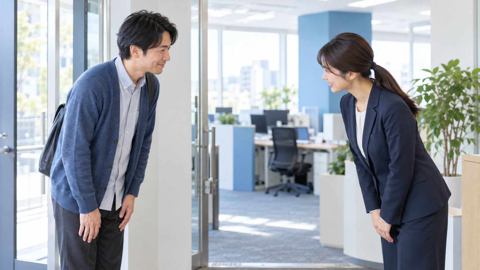 オフィスの入口で社員を迎える人事担当者