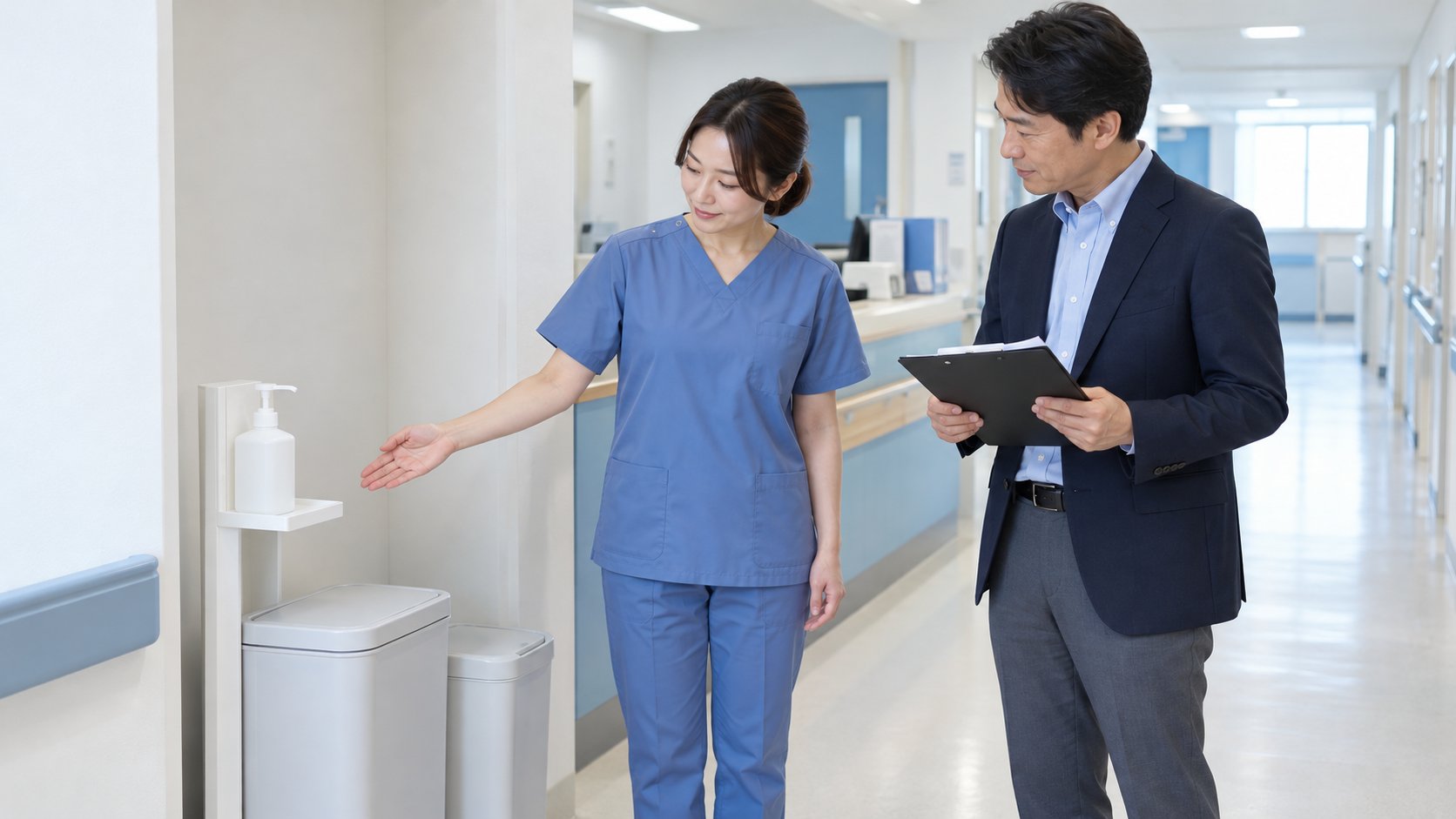 病院の廊下で、職員と担当者が点検表を見ながら手指消毒剤の台と廃棄容器を確かめている様子