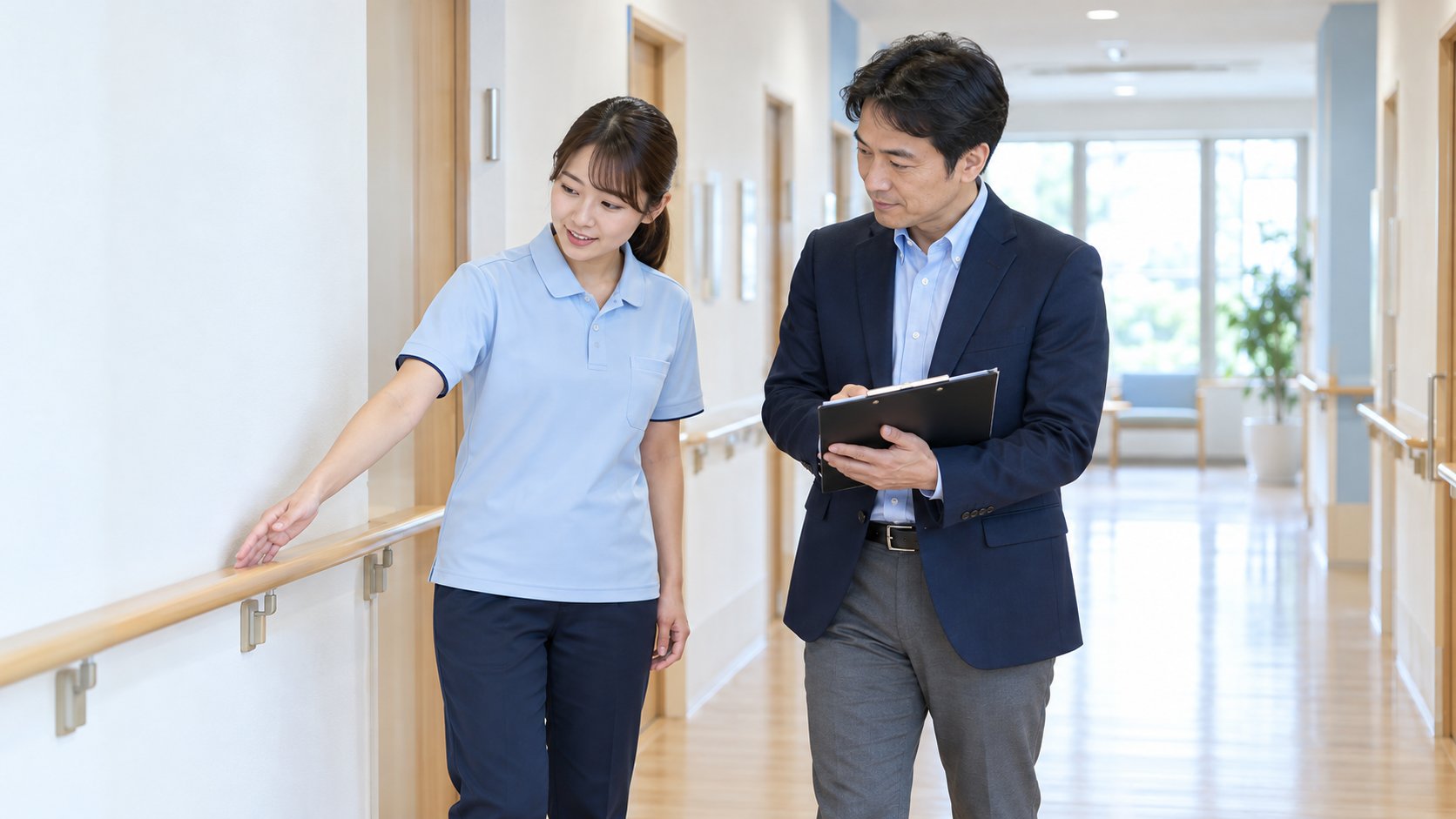 介護施設の廊下で、職員と担当者が点検表を見ながら手すりを確かめている様子